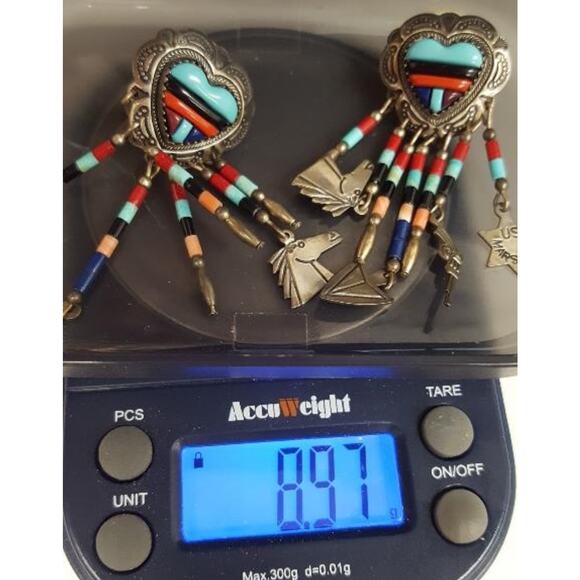 Vintage - Native American- Inlaid & Signed QT Sterling Silver Earrings 925 - Picture 6 of 8